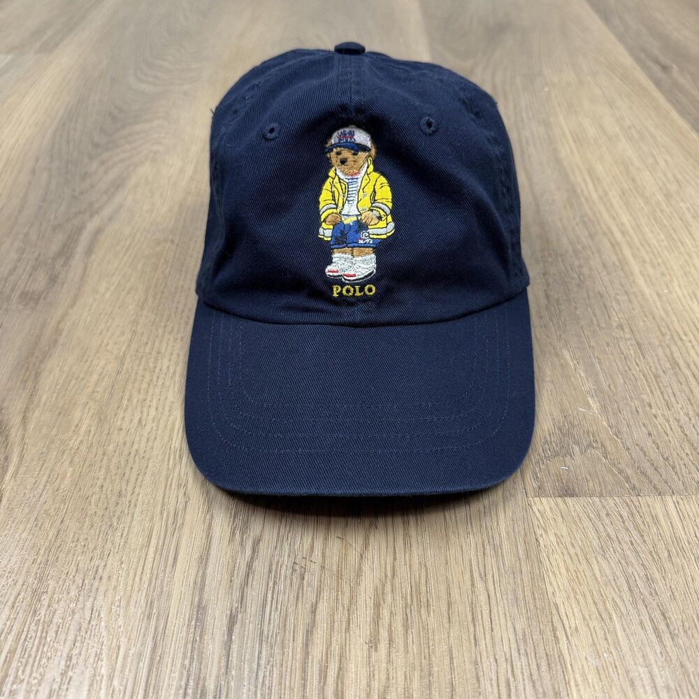 Polo Ralph Lauren Hat Cap Strap Back One Size Blue Twill Polo Bear Leather Mens